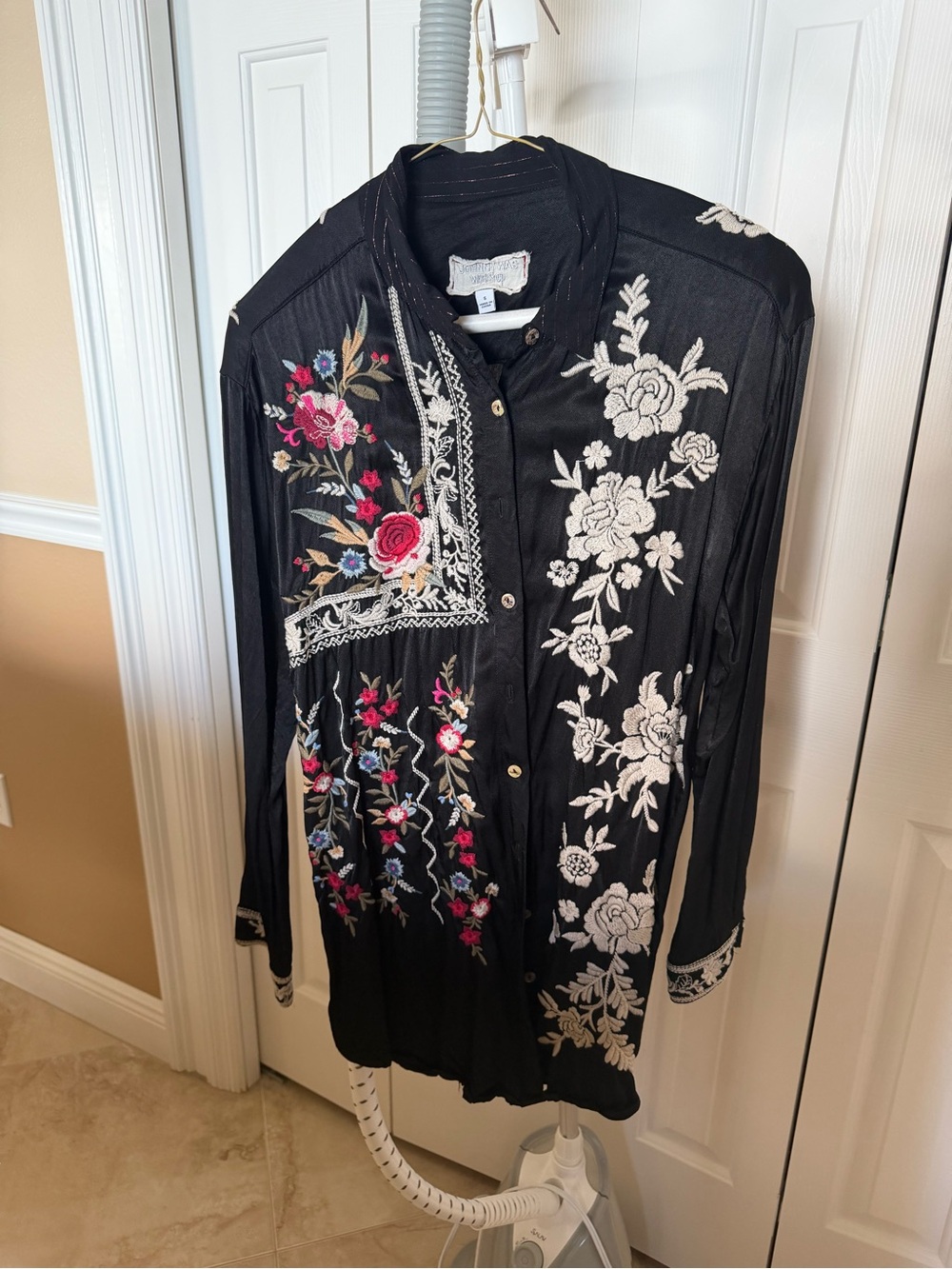 Johnny Was Black Long-Sleeve Embroidered Button-Up Dress